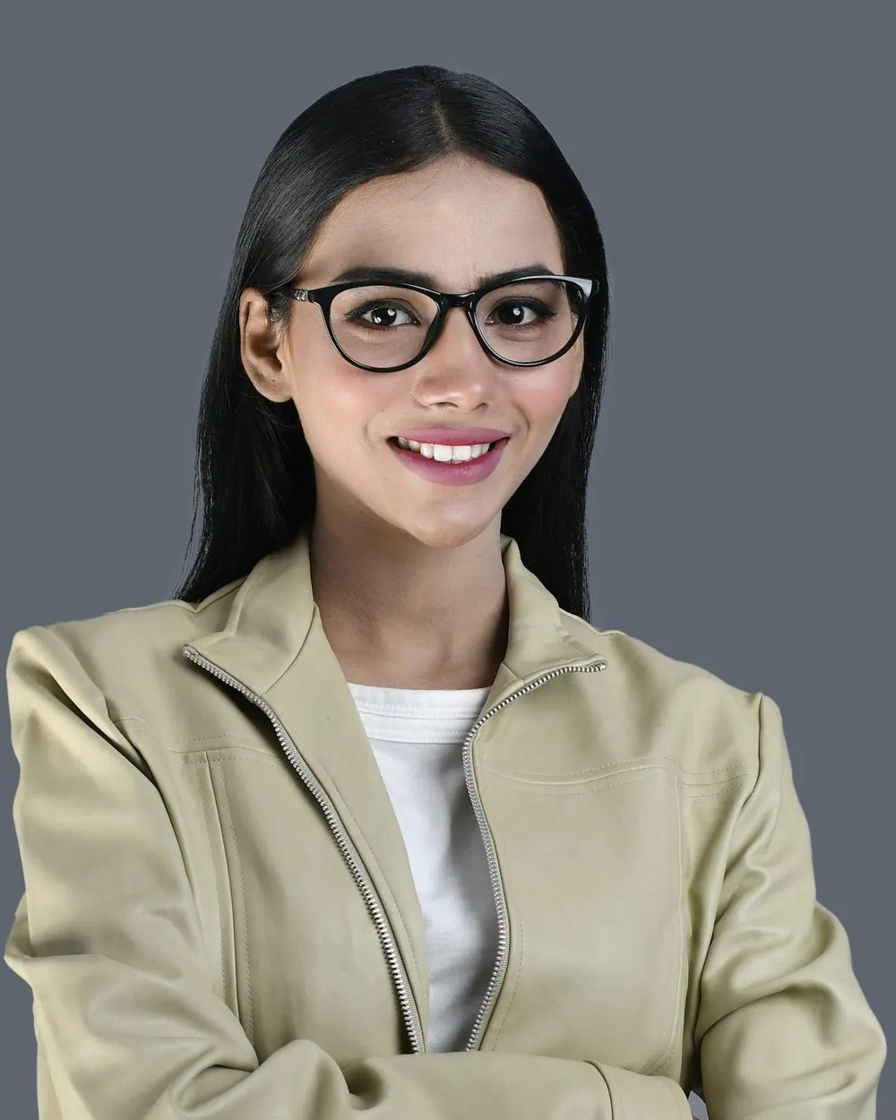 Before: a woman in an oversized washed-out khaki jacket